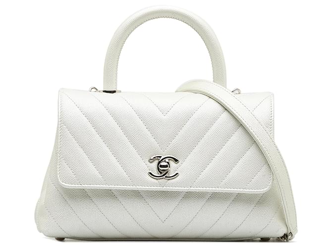 Chanel White Small Coco Handle Chevron Caviar Leather  ref.1121575