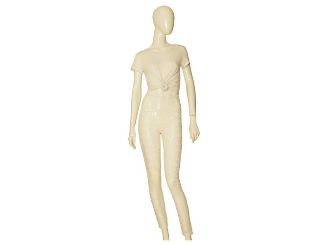 Comme des Garcons weiße Blumenspitze-Mesh-Leggings, Hose, Größe S