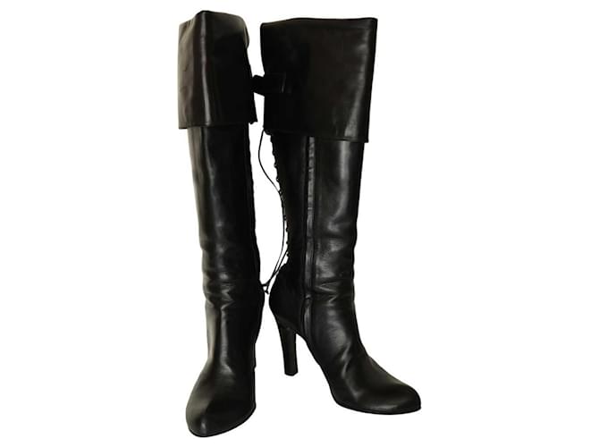 Alexander McQueen Black Leather Knee Height high heel Boots with laces  ref.1122194