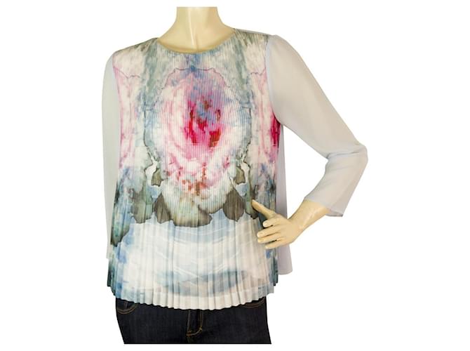 Ted Baker Light Blue Floral Sheer Sleeves Pleated Body Top - Size 1 Multiple colors Polyester  ref.1122296