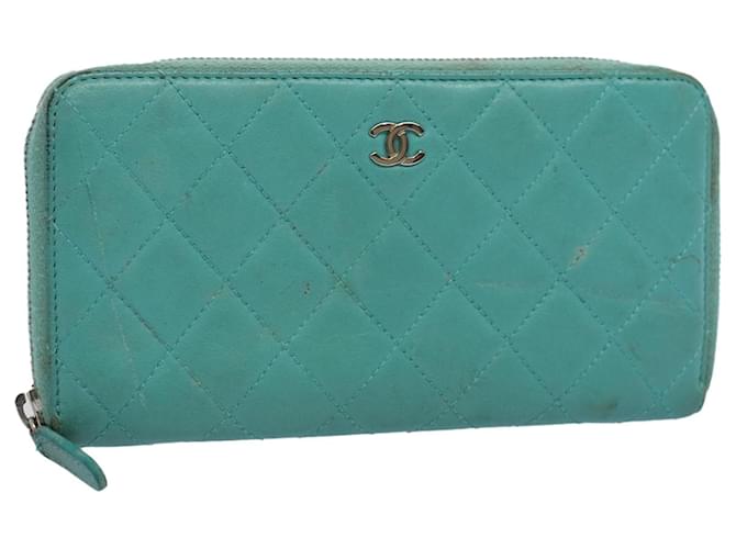 CHANEL Matelasse Wallet Lamb Skin Turquoise Blue CC Auth bs9740  ref.1122511