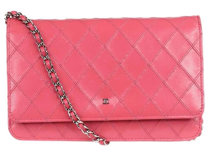Wallet On Chain Chanel Pele de cordeiro rosa 2010-2011 carteira de hardware prateada na corrente Couro  ref.1123392