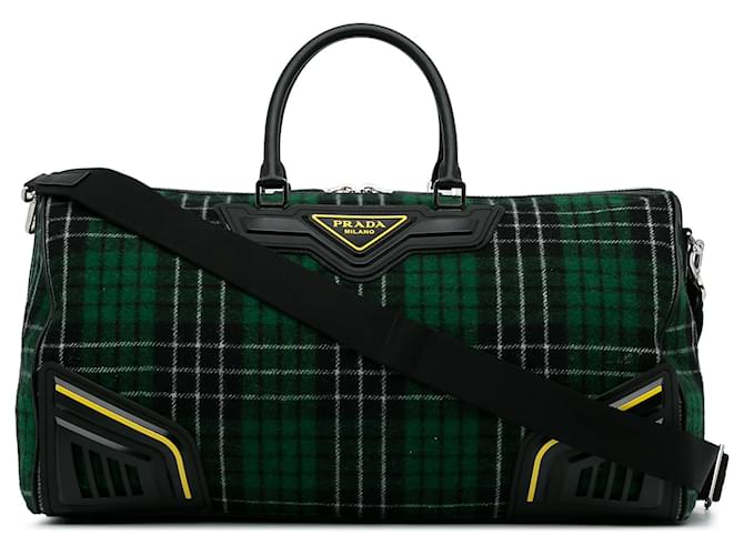 Prada Green Tartan Wool Travel Bag Leather Pony-style calfskin Cloth  ref.1123518