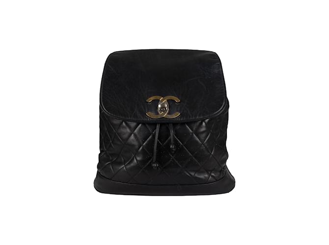 Mochila Chanel Vintage acolchada de piel de cordero con cordón Negro  ref.1124327