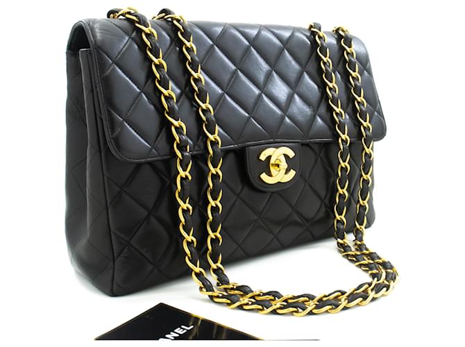 CHANEL Classic Large 11" Chain Shoulder Bag Flap Black Lambskin Leather  ref.1124515