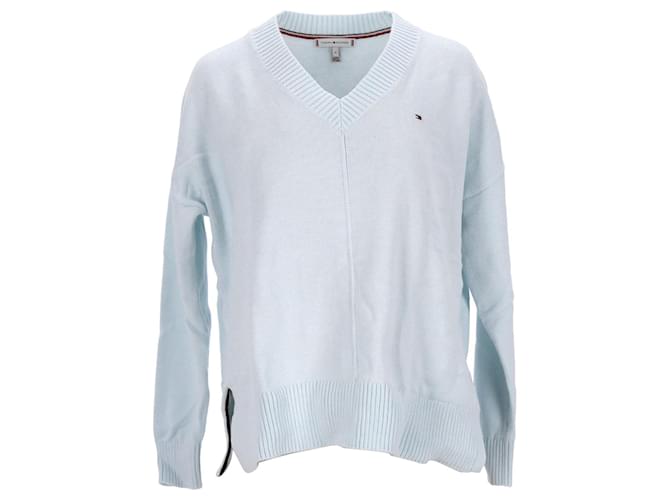 Tommy Hilfiger Suéter feminino puro algodão orgânico com decote em V Azul Azul claro  ref.1124844