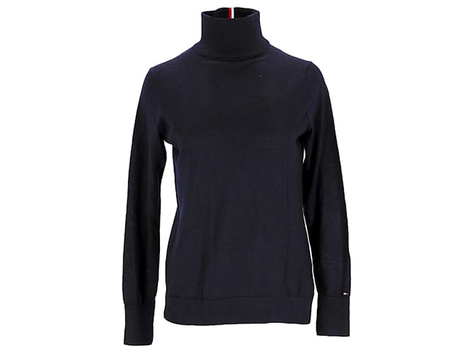 Tommy Hilfiger Womens Roll Neck Signature Tape Jumper in Navy Blue Wool  ref.1124867