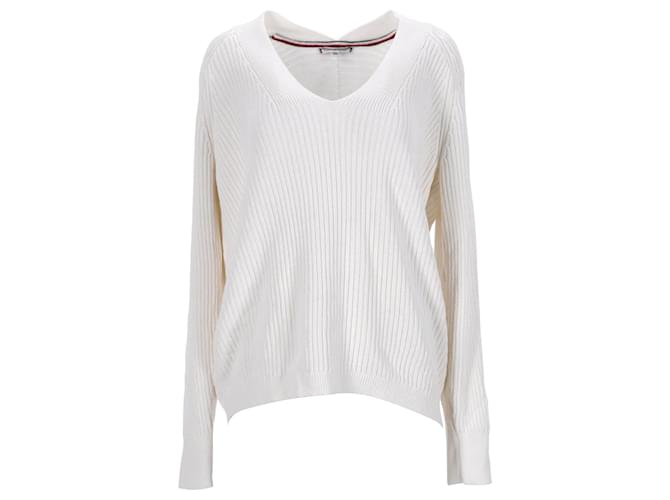 Suéter feminino Tommy Hilfiger com decote em V em algodão cru Branco  ref.1124905