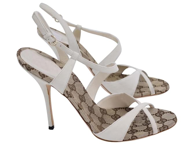 Gucci Cross Strap Slingback Sandals in Off-White Suede And GG Canvas Cream  ref.1124926