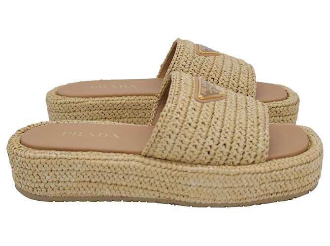 Prada Crochet Platform Sandals in Beige Raffia ref.1124927 Joli