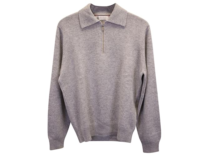 Brunello Cucinelli Cashmere Zip-Up Polo Sweater in Grey Cashmere Wool  ref.1125024