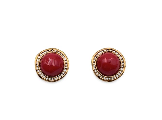 Chanel Vintage Round Gold Metal Clip On Red Cabochon Earrings Golden  ref.1125038