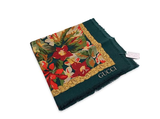 Gucci vintage Vert Laine et Soie Grand Châle Maxi Écharpe Florale  ref.1125046