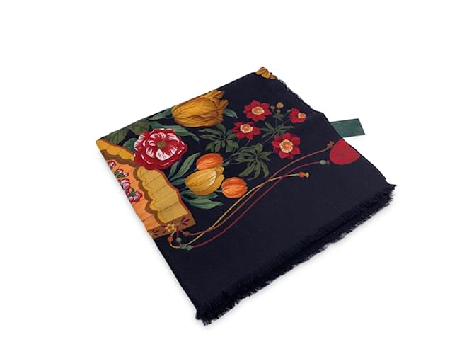Gucci Vintage Wool and Silk Large Shawl Maxi Scarf Flowers and Fans Black  ref.1125053