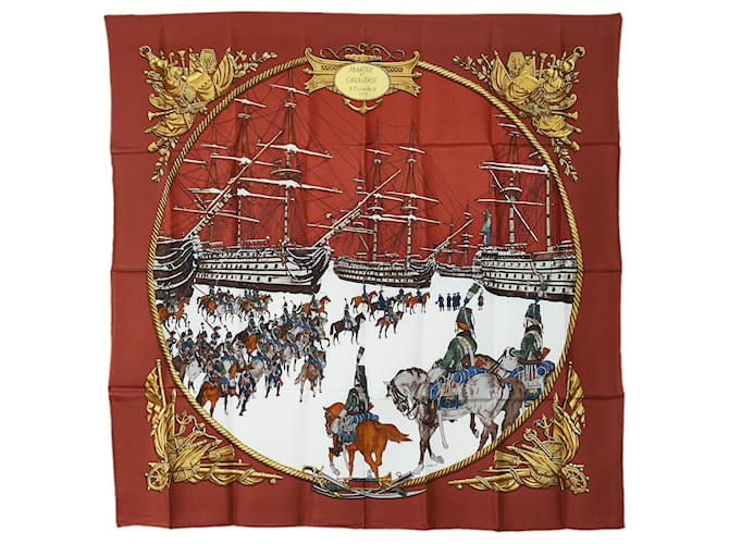 Hermès Bufanda de seda Hermes roja Marine et Cavalerie Paño  ref.1125142