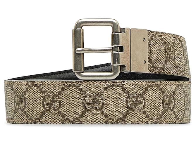 Gucci Brown GG Supreme Reversible Belt Beige Leather Cloth Pony-style calfskin Cloth  ref.1125213