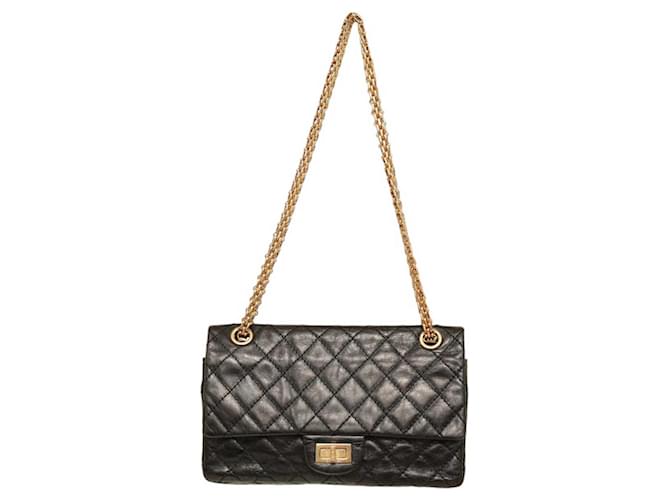 Chanel 2.55 Reedição 225 Bolsa com aba forrada em preto com detalhes dourados pequenos Couro  ref.1126458