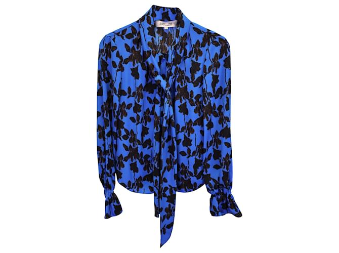 Diane Von Furstenberg Long Sleeve Tie-Neck Blouse in Blue Polyester  ref.1126475