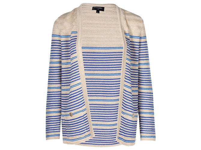 Timeless Chanel Metallic-gestreifter Cardigan aus beigem Leinen