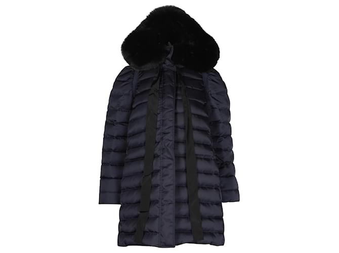 Miu Miu Long Down Coat with Fur Hood in Navy Blue Nylon  ref.1126486