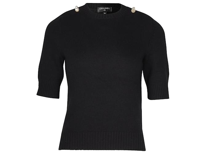 Chanel Knit Top with Pearl Detail in Black Cashmere Wool  ref.1126490