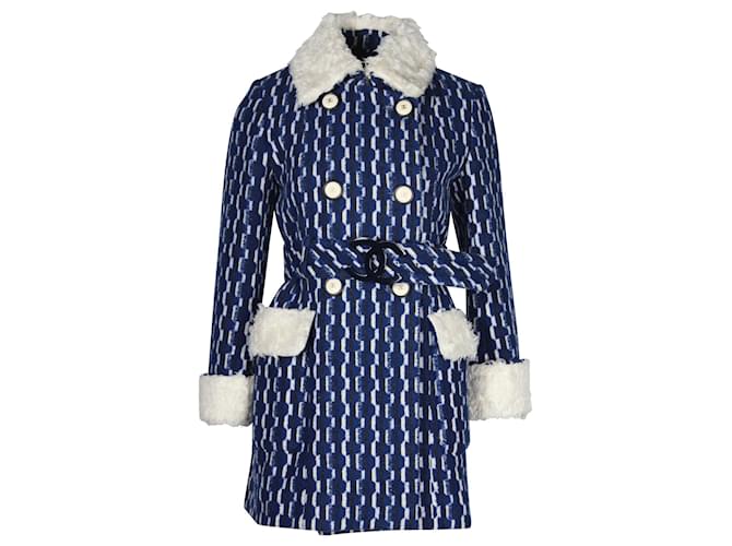 Timeless Abrigo Chanel de botonadura larga forrada en lana azul  ref.1126494