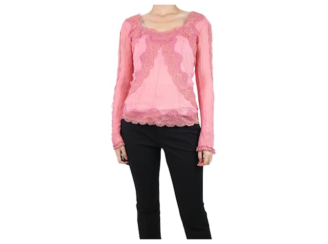 Dolce & Gabbana Rosafarbene, transparente Bluse mit Spitzenbesatz – Größe UK 12 Pink Seide  ref.1126577