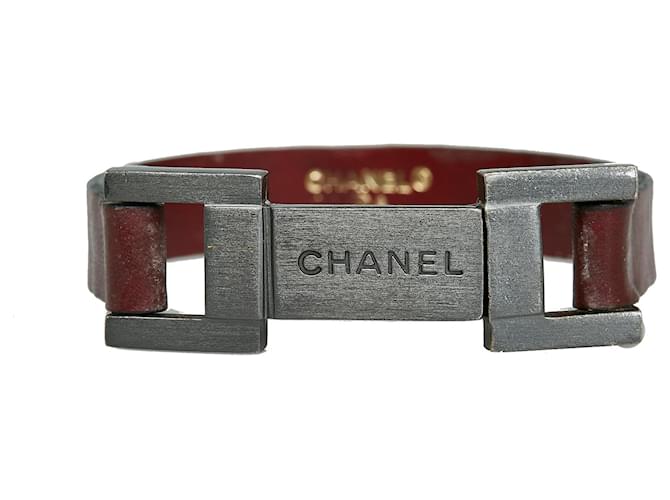 Chanel Red Metal Logo and Leather Bracelet Brown Silvery Pony-style calfskin  ref.1126602