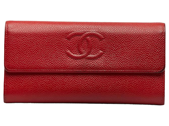 Portafoglio lungo in pelle di caviale rosso CC Chanel  ref.1126675
