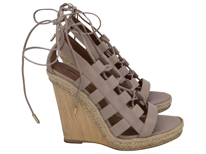 Aquazzura Lace-Up Amazon Wedge Sandals in Beige Calfskin Leather Pony-style calfskin  ref.1127037