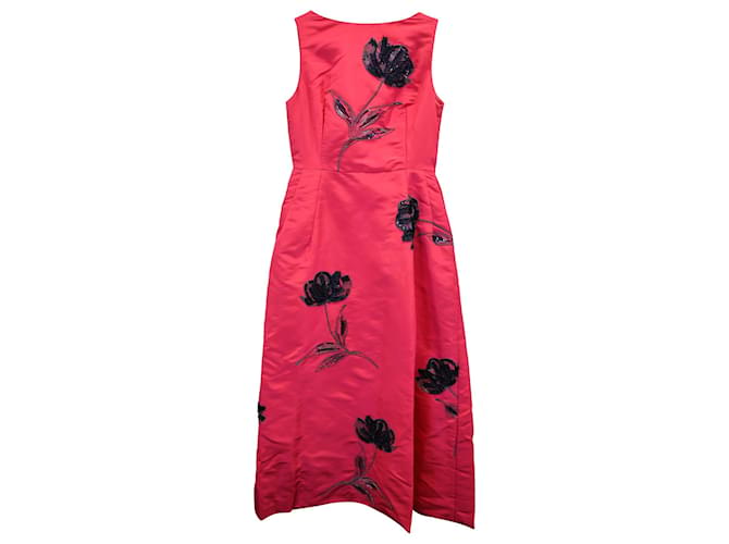 Oscar de la Renta Blumenverziertes ärmelloses Kleid aus roter Seide  ref.1127079