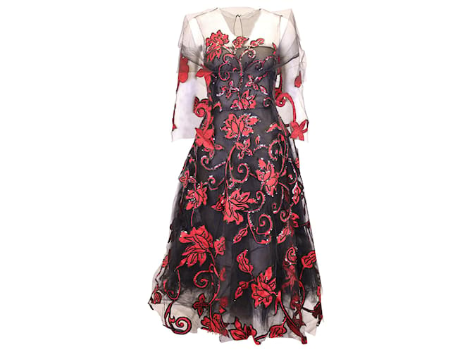 Oscar de la Renta Sequined Floral Dress in Black Cotton  ref.1127091