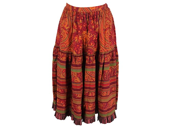 Saint Laurent Paisley-Print Ruffled Midi Skirt in Multicolor Cotton Multiple colors  ref.1127098