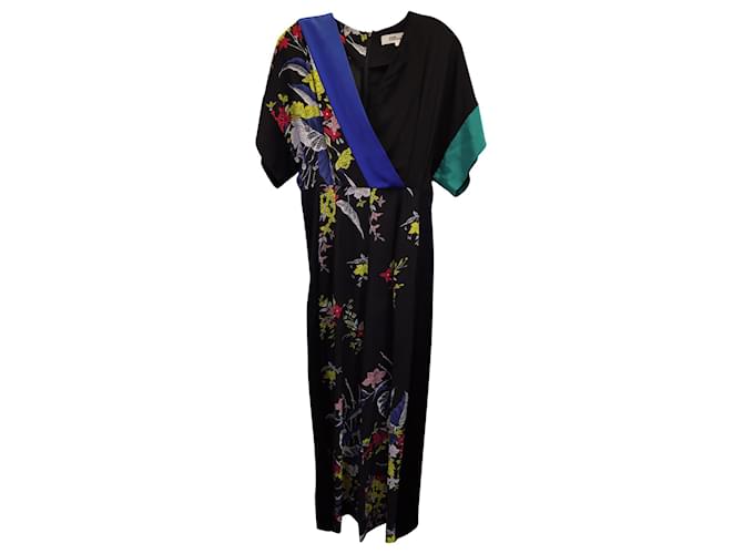 Diane Von Furstenberg Combinaison florale à manches courtes en soie noire  ref.1127101
