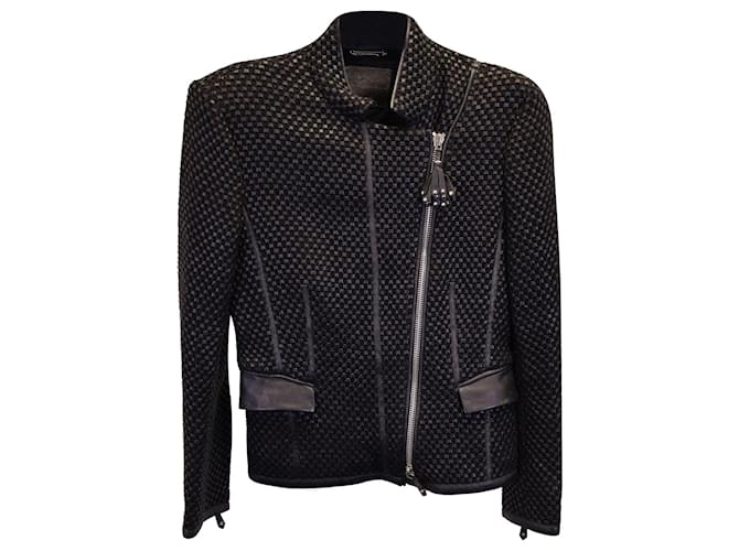 Chaqueta tejida con cremallera asimétrica Giorgio Armani en piel de cordero negra Negro Cuero  ref.1127102