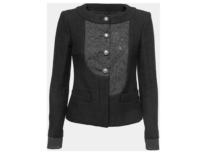 Chanel 15P Keira Knightley Black Lace Bib Collarless Jacket FR 40 Cotton  ref.1127388