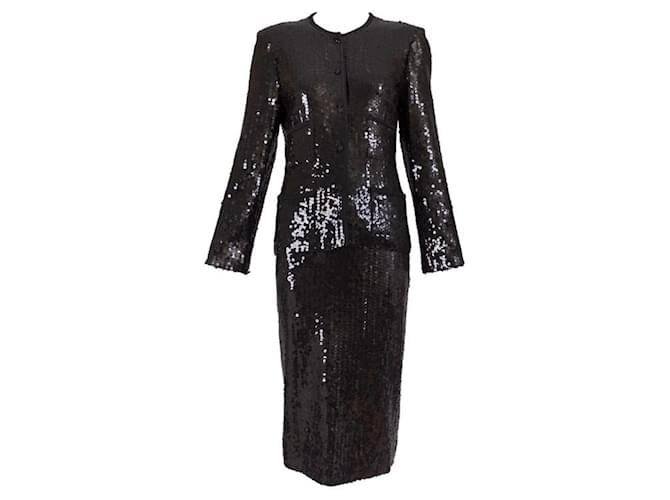 RARE Chanel Karl Lagerfelds 1st RTW collection Black Sequin Jacket and Skirt Suit FR 42 Silk Synthetic  ref.1127552
