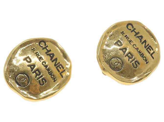 CHANEL Cambon Orecchino Metallo Tono Oro CC Auth bs9649