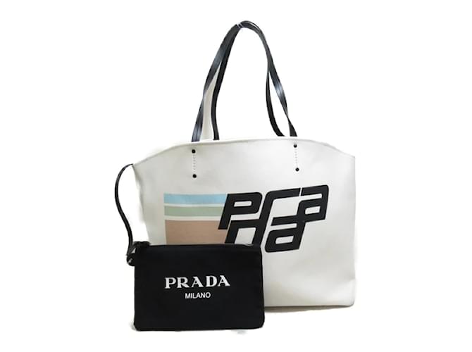 Prada Logo Printed Canvas Tote Bag 1BG218 White Cloth  ref.1128077