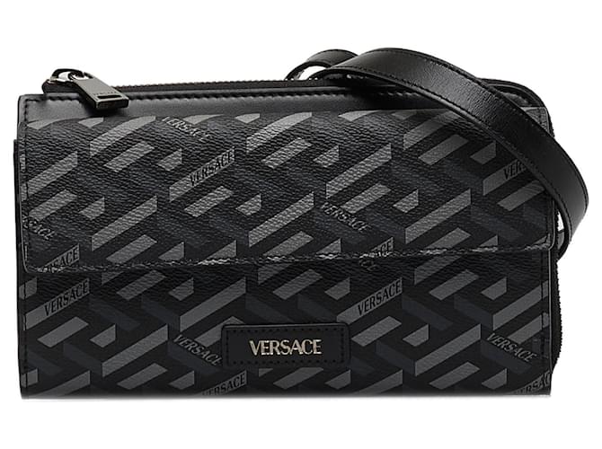 Versace Black La Greca Convertible Crossbody Bag Cloth Cloth  ref.1128457