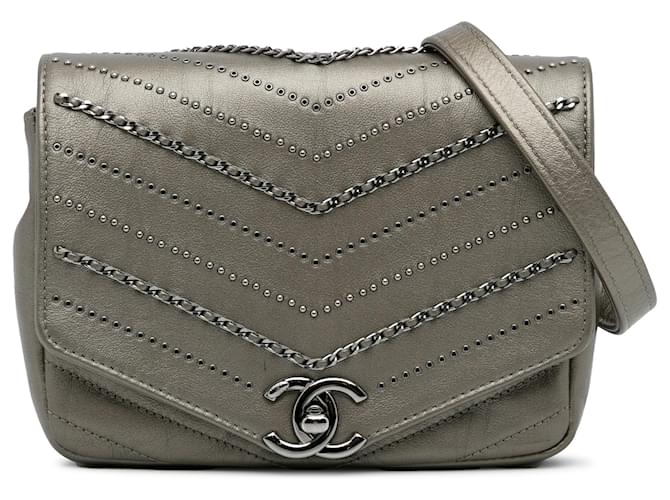 Chanel Gray Mini Embellished Calfskin Chevron Square Envelop Flap Grey Leather Pony-style calfskin  ref.1128491