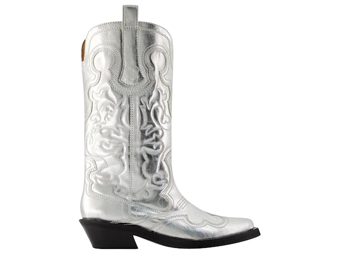 Mid Shaft Western Boots - Ganni - Synthetic - Silver Silvery Metallic  ref.1128874