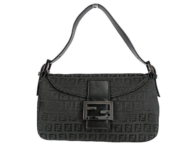 Fendi Baguette Zucchino handbag in black canvas Cloth  ref.1128889