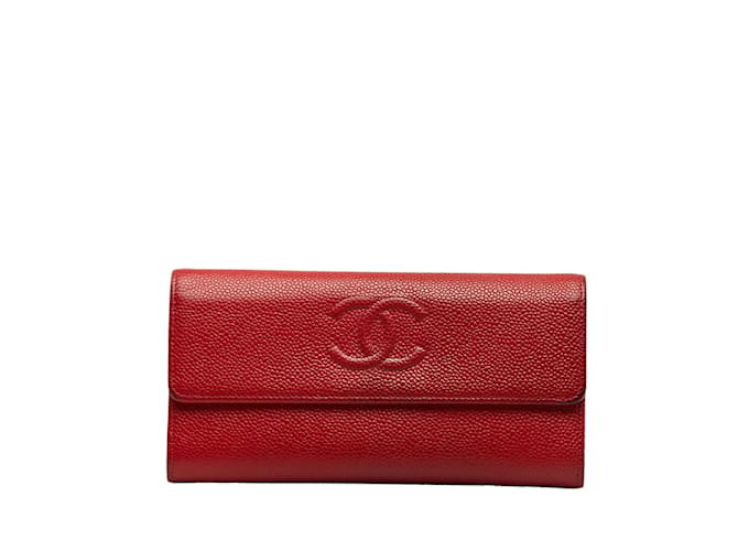 Cartera larga Coco Mark de piel de caviar de Chanel en muy buen estado Roja Cuero  ref.1128893