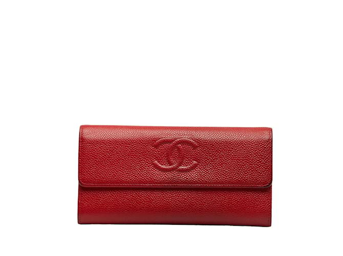 Chanel Portefeuille à rabat CC Caviar Cuir Rouge  ref.1128893