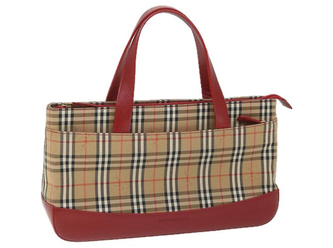 BURBERRY Nova Check Handtasche Nylon Canvas Beige Rot Auth am5133