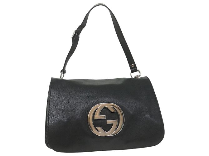 GUCCI bolsa de ombro interlocking couro preto 115746 Auth ki3687
