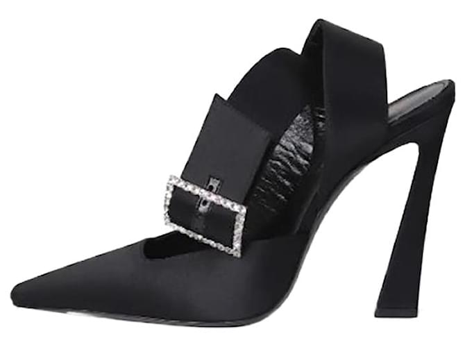 Saint Laurent Black square-toe diamante-buckle satin heels - size EU 37  ref.1129332