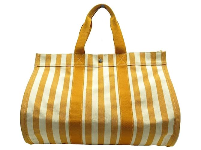 Hermès SAC A MAIN HERMES CANNES GM TOILE RAYURES COTON ORANGE & BLANC TOTE HAND BAG  ref.1129697