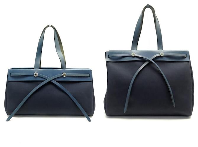 Hermès SAC A MAIN HERMES CABAS HERBAG 40 TOILE & CUIR BLEU 2 TOILES TOTE HAND BAG Bleu Marine  ref.1129699